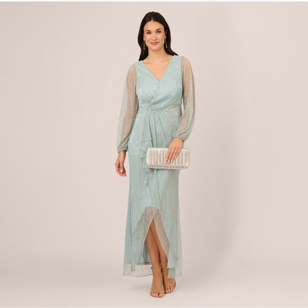 Adrianna Papell Shimmery Seafoam Long Sleeve Wrap Gown - Picture 2 of 6